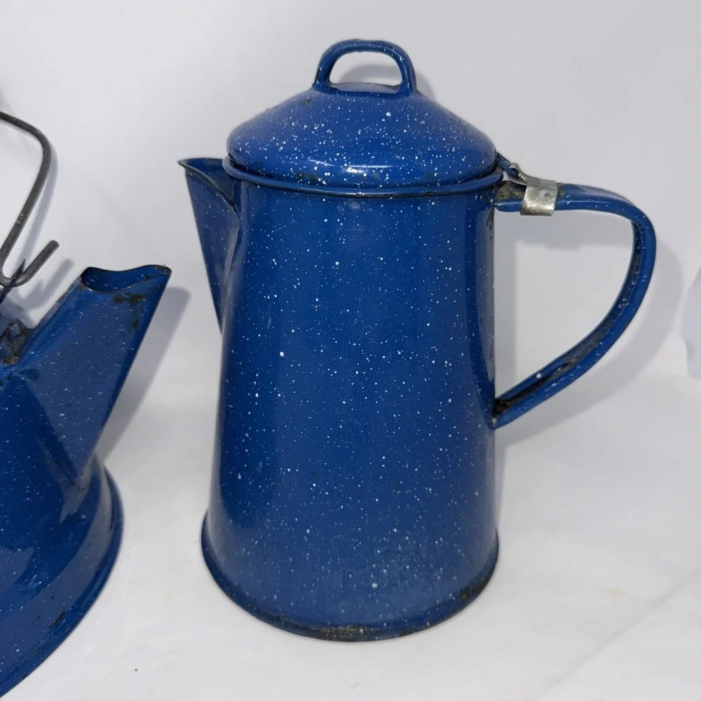 2 Pc Speckle Blue Enamelware Kettle tea coffee pot metal spring handle Camping